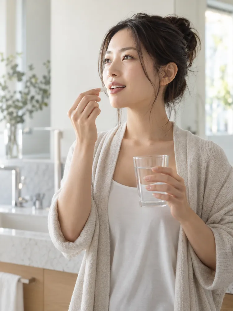 毎朝サプリメントを水で飲む女性